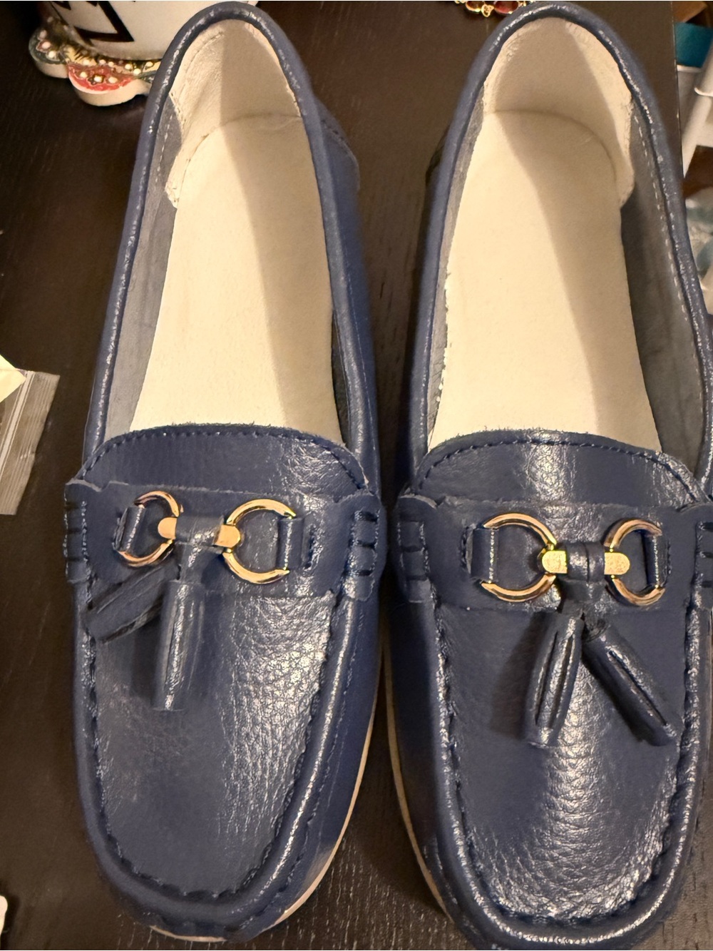 Blair Navy Leather Tassel Loafers with Gold Accents